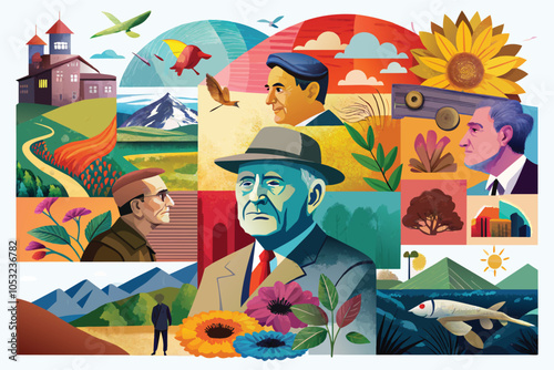 A vibrant collage illustrating the life and contributions of an influential figure, featuring nature, landscapes, and portraits set against a colorful background