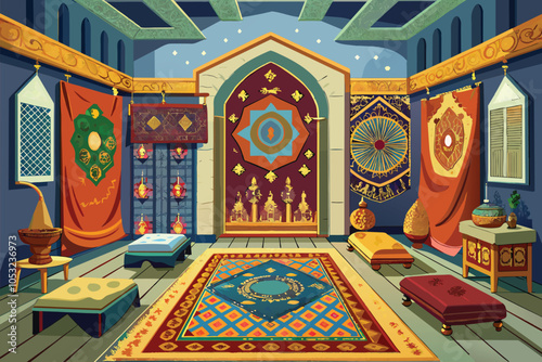 Colorful interior of a traditional room featuring elaborate hangings, ornate rugs, and decorative lanterns, creating a warm and inviting atmosphere during the evening hours