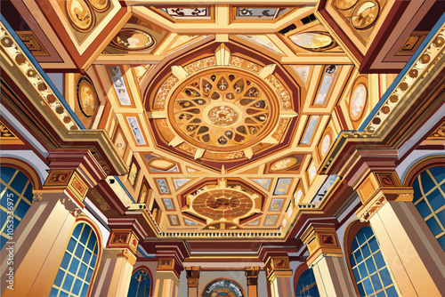 Intricate ceiling design featuring ornate patterns and vibrant colors in a grand historic building during daylight