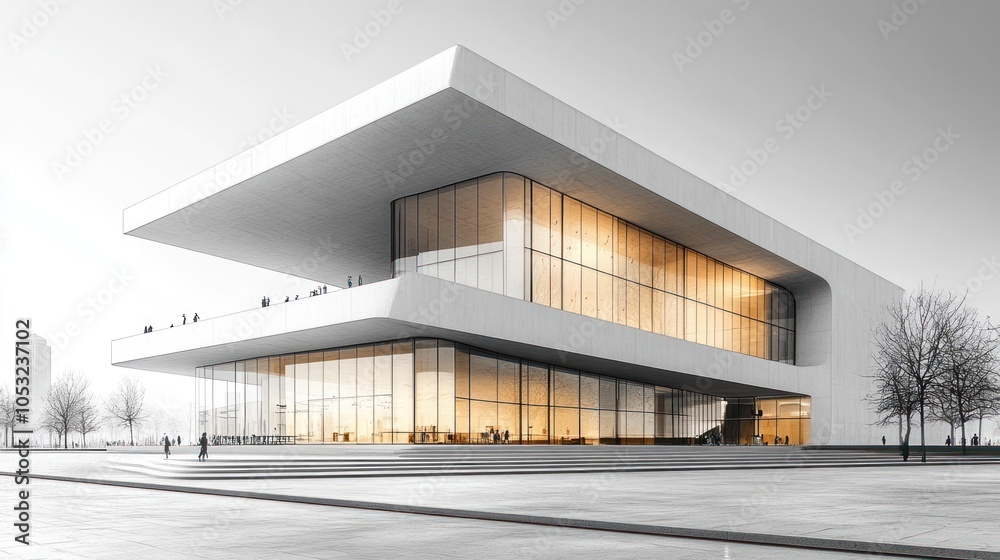 Obraz premium Modern architectural building with large glass windows and minimal design.