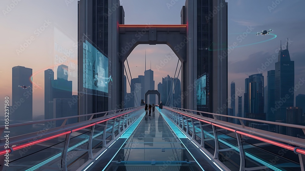 Fototapeta premium Futuristic Skyline of a Technologically Advanced City, Neon-Lit Futuristic Cityscape with Sci-Fi Architecture