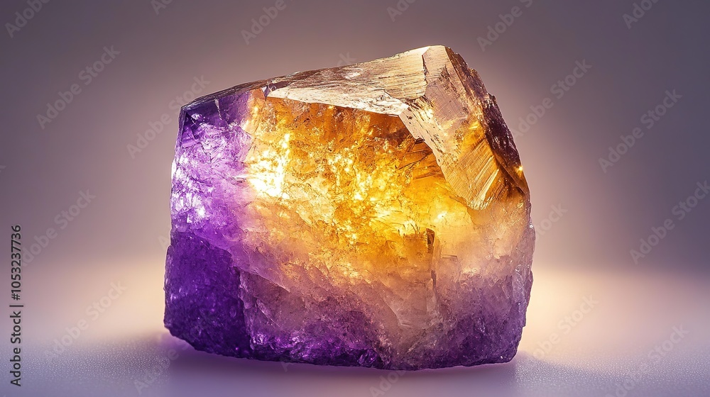 Amethyst crystal displaying vibrant purple and golden hues on a smooth surface under soft lighting Amethyst crystal displaying vibrant purple and golden hues on a smooth surface under soft lighting