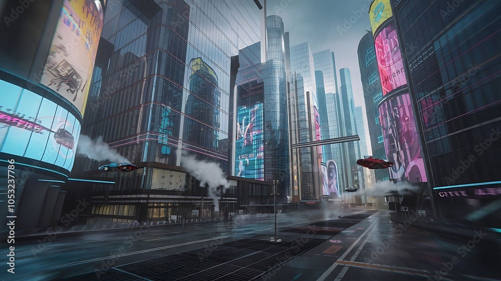 Fototapeta premium Futuristic Skyline of a Technologically Advanced City, Neon-Lit Futuristic Cityscape with Sci-Fi Architecture