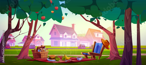 Picnic scene in suburban park. Blanket on grass with food and drinks, basket with snacks, fruits and sandwich under green trees, wooden chair with hat. Suburb houses with cars parked outside.