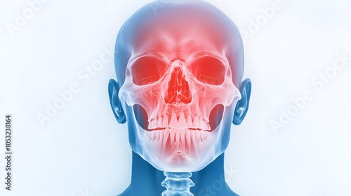 Medical X Ray Image Showing Detailed Anatomy of the Skull with a Red Overlay Highlighting a Fracture or Trauma on the Facial Bones  Digital Concept for Healthcare Radiology or Emergency Medicine photo