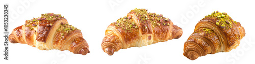 Croissant filled with creamy pistachio, topped with chopped pistachios and drizzled with sweet syrup isolated on white transparent background, making for breakfast or a sweet snack photo