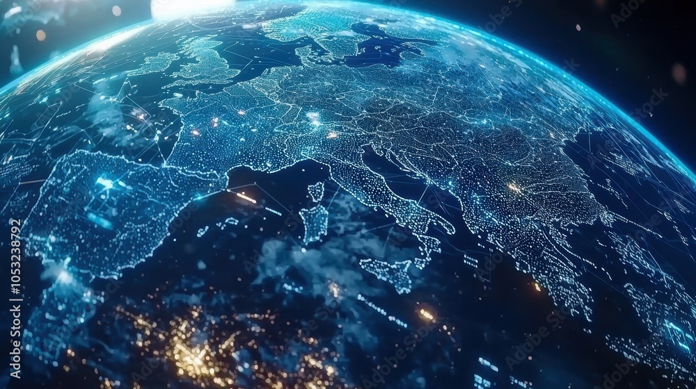 Obraz premium High-tech digital map view of Europe from space with glowing lights and connections.