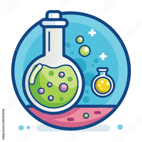 A cartoon illustration of a science beaker with bubbling green liquid, surrounded by a blue and pink circle. 