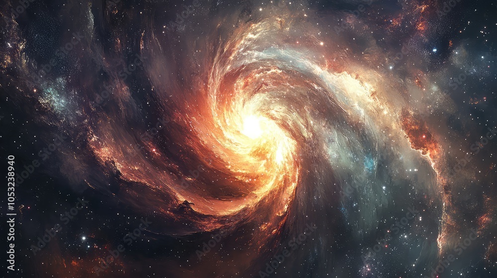 An imaginative interpretation of an ancient galaxy, showcasing its swirling formations and rich colors that celebrate the cosmos history An imaginative interpretation of an ancient galaxy, showcasing its swirling formations and rich colors that celebrate the cosmos history