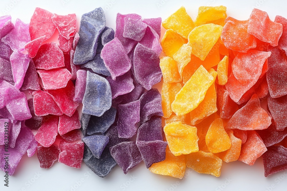 Close-up of brightly colored sublimated candies with crunchy texture and colors on a clean white background, highlighting the crunch and unique shapes. Generative AI Close-up of brightly colored sublimated candies with crunchy texture and colors on a clean white background, highlighting the crunch and unique shapes. Generative AI