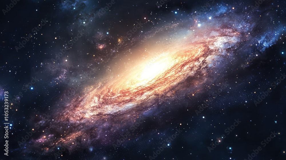 A detailed illustration of a dwarf galaxy, with its bright core and scattered star formations illuminated by cosmic light A detailed illustration of a dwarf galaxy, with its bright core and scattered star formations illuminated by cosmic light