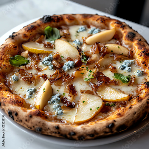 Gourmet pizza delight caramelized onions pear slices and blue cheese fusion photo