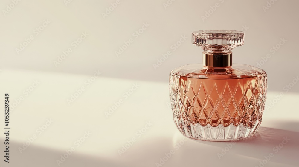 A Glass Perfume Bottle with a Gold Cap on a White Background A Glass Perfume Bottle with a Gold Cap on a White Background