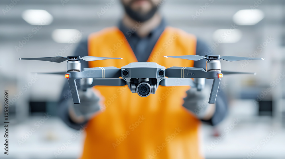 A technician in an orange vest holds a modern drone in a workshop, showcasing advanced technology and innovation in aerial photography. A technician in an orange vest holds a modern drone in a workshop, showcasing advanced technology and innovation in aerial photography.