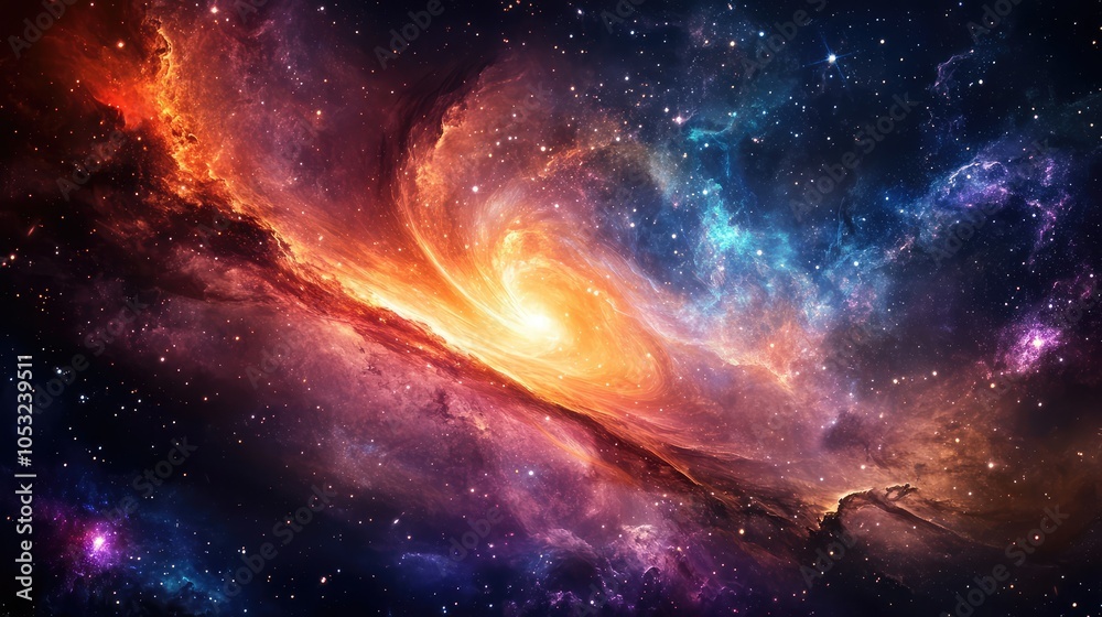 A striking cosmic landscape featuring a dwarf galaxy, with swirling star formations and a rich color palette that captures the eye A striking cosmic landscape featuring a dwarf galaxy, with swirling star formations and a rich color palette that captures the eye