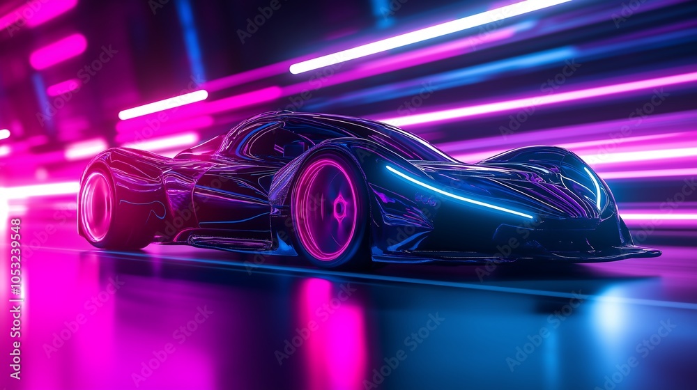 3D modern hyper car moving on road, cyberpunk themed wallpaper. 3D modern hyper car moving on road, cyberpunk themed wallpaper.