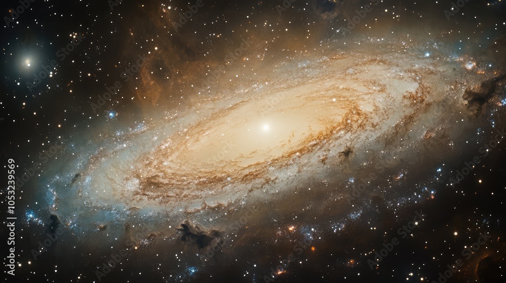 Fototapeta premium A serene cosmic scene showcasing a dwarf galaxy, with soft pastel colors blending harmoniously to create a tranquil atmosphere