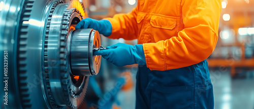 A technician working on a large machine in a factory setting, wearing protective gear and focused on assembly tasks, with vibrant industrial backdrop.