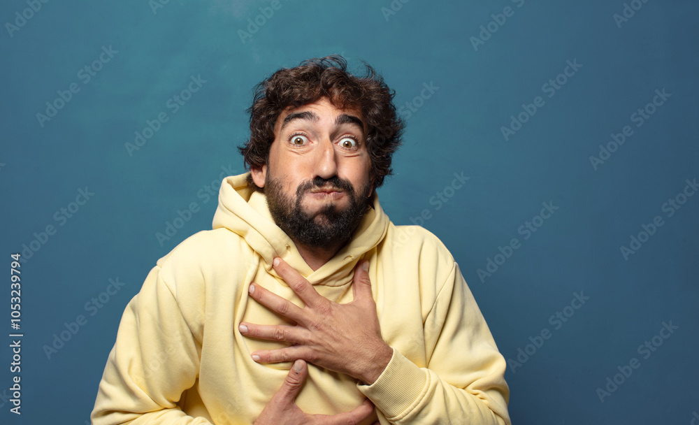 with a goofy, crazy, surprised expression, puffing cheeks, feeling stuffed, fat and full of food with a goofy, crazy, surprised expression, puffing cheeks, feeling stuffed, fat and full of food