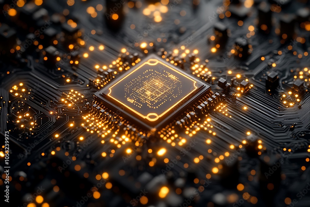 Obraz premium A close-up of a motherboard with a glowing processor