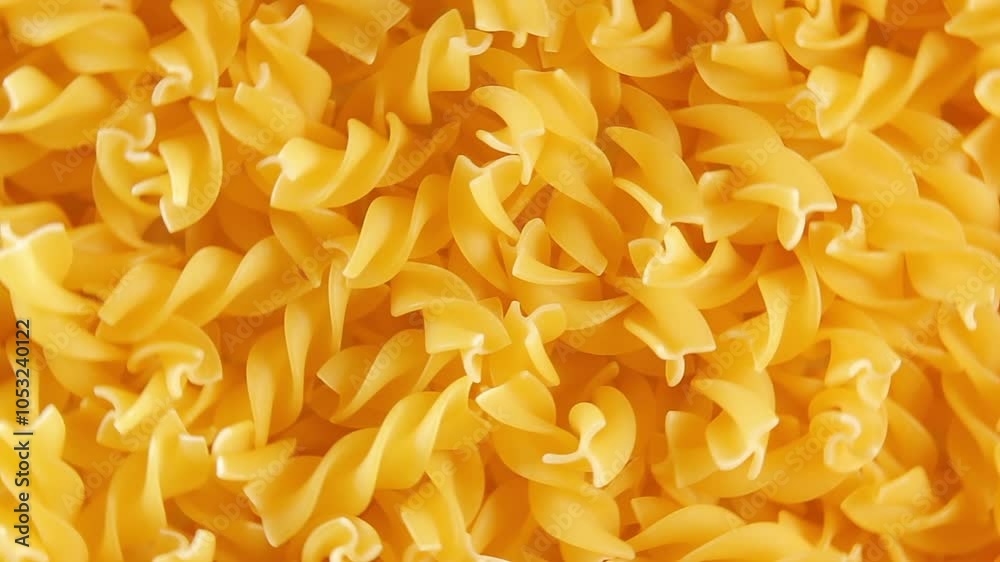 Uncooked Fusilli Pasta - Top View, Close-Up. Fat and Unhealthy Food. Dry Spiral Macaroni, Rotating Background. Italian Culture and Cuisine. Raw Golden Pasta Pattern. Right Rotation Uncooked Fusilli Pasta - Top View, Close-Up. Fat and Unhealthy Food. Dry Spiral Macaroni, Rotating Background. Italian Culture and Cuisine. Raw Golden Pasta Pattern. Right Rotation