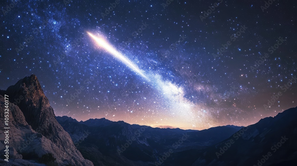 A breathtaking view of a galaxy illuminated by a bright comet streaking across the cosmic landscape, leaving a glowing tail of stardust A breathtaking view of a galaxy illuminated by a bright comet streaking across the cosmic landscape, leaving a glowing tail of stardust