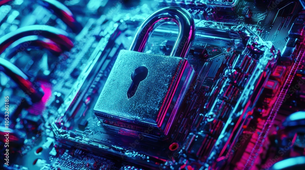 Close-up of a metallic padlock on a digital circuit board, illuminated with vibrant blue and purple lighting.