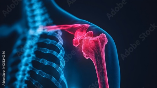 Digital X Ray Image of a Shoulder Showing a Torn Rotator Cuff Highlighted with a Red Overlay Overlay Medical Healthcare Anatomy Concept