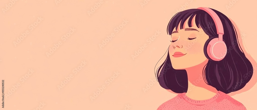 A young woman enjoying music with headphones on a soft, pastel background. A young woman enjoying music with headphones on a soft, pastel background.