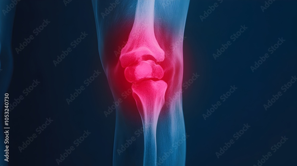 Detailed X Ray Image of a Knee Joint Showing a Red Overlay Highlighting the Area of Torn Ligaments Indicating an Injury or Condition Requiring Medical Attention and Potential Treatment Detailed X Ray Image of a Knee Joint Showing a Red Overlay Highlighting the Area of Torn Ligaments Indicating an Injury or Condition Requiring Medical Attention and Potential Treatment