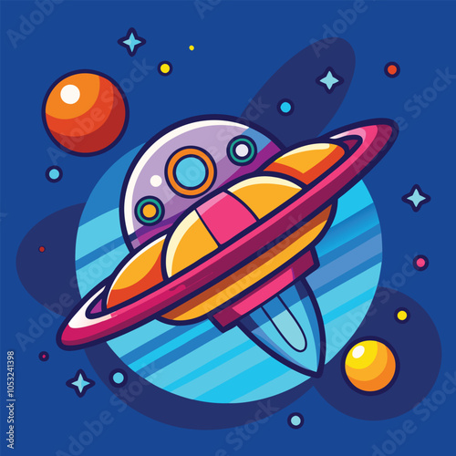 A colorful cartoon UFO flies through space with a bright red planet in the background.