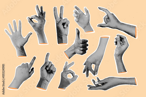 Realistic halftone hands. Hand gestures vintage collage in retro crazy punk grunge posters old newspaper clippings, rebel arm palm finger cut-out dot art, exact vector illustration