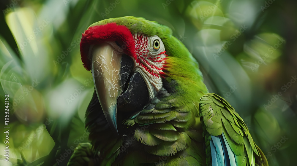 Fototapeta premium Wild green macaw parrot, ara parrot head, wildlife ararauna bird face, tropical exotic life