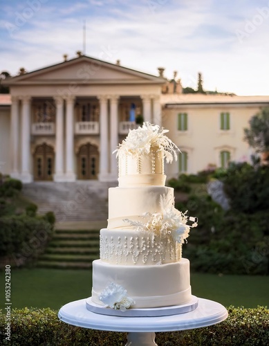 Wedding cake in front of the wedding hall at sunset. photo