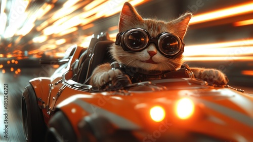 Fototapeta Naklejka Na Ścianę i Meble -  A cute cat wearing goggles drives a futuristic race car through a neon-lit tunnel.
