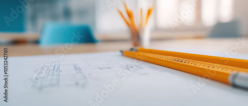 Close-up of orange pencils and architectural sketches on a desk, showcasing a creative workspace filled with design ideas.