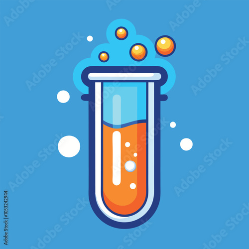 A test tube filled with an orange liquid bubbles up against a bright blue background.