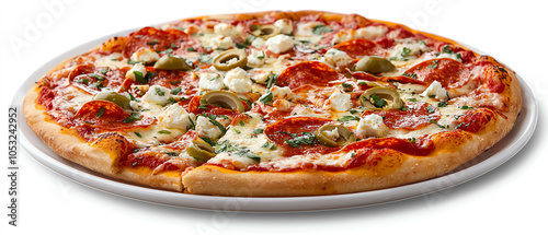 Delicious thin crust pizza topped with olives artichokes and feta cheese for a flavorful treat photo