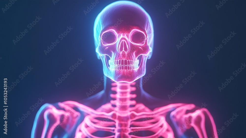 Close up view of an advanced x ray scan displaying holographic bones glowing in vibrant neon blue colors showcasing the digital visualization of the human skeletal anatomy in a futuristic high tech Close up view of an advanced x ray scan displaying holographic bones glowing in vibrant neon blue colors showcasing the digital visualization of the human skeletal anatomy in a futuristic high tech