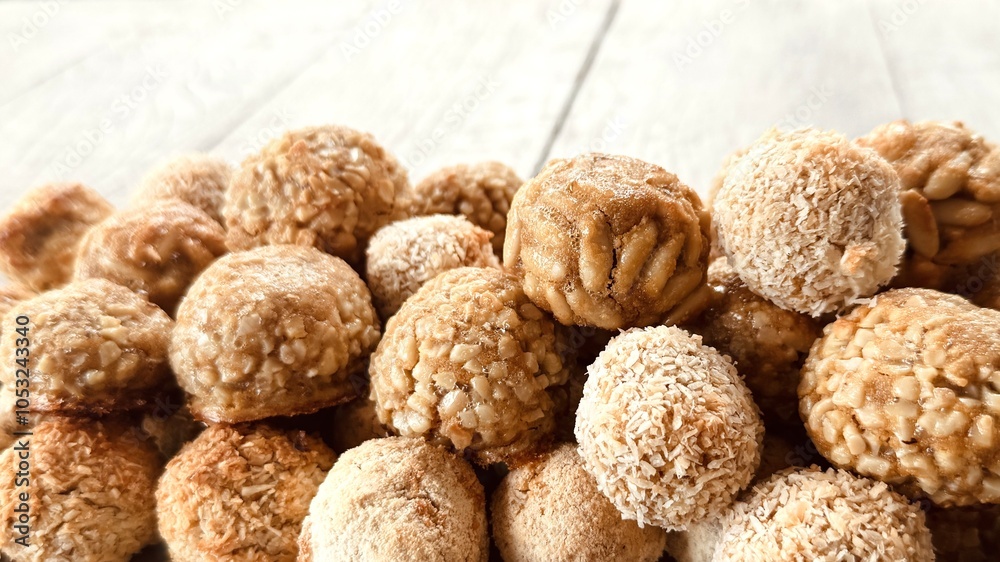 Panellets baked on a white background.
Panellets baked on a white background.