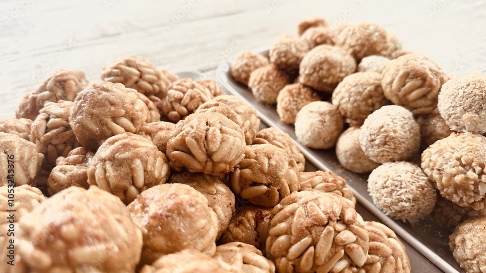 Panellets baked on a white background.
Panellets baked on a white background.