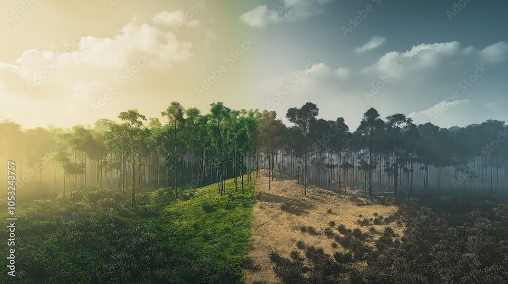 Obraz premium Forest transitioning from lush green to dry desert, illustrating deforestation and environmental degradation.