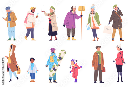 People in winter wear. Man woman warm clothes cold weather, personalized fashionable coat scarf kid students outerwear jacket sweater fashion clothings classy vector illustration