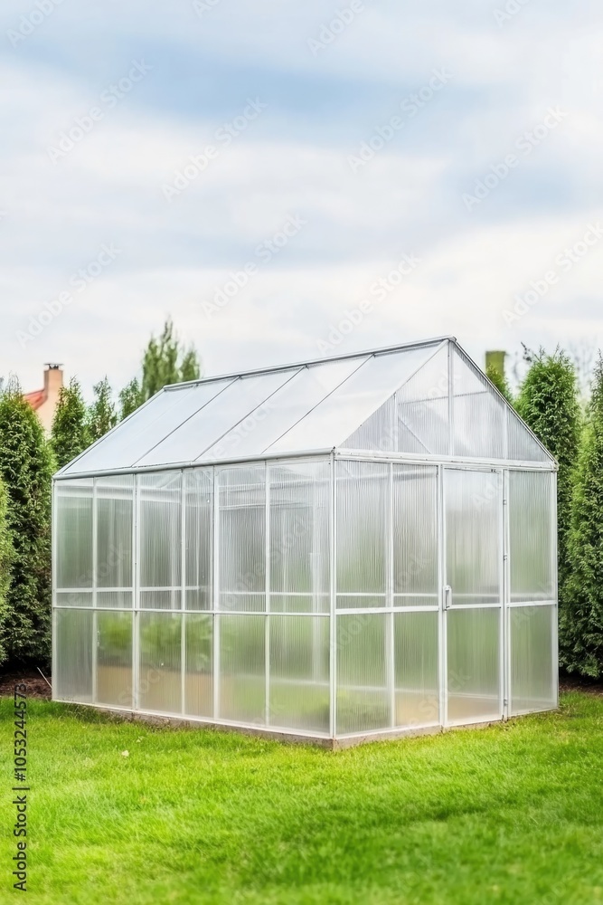 Minimalist Polycarbonate Greenhouse in Lush Garden Setting for Horticultural Designs Minimalist Polycarbonate Greenhouse in Lush Garden Setting for Horticultural Designs