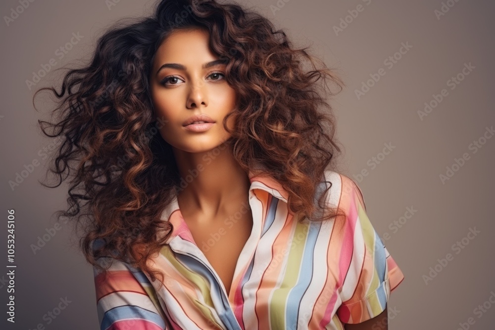 A woman with curly hair is wearing a striped shirt A woman with curly hair is wearing a striped shirt