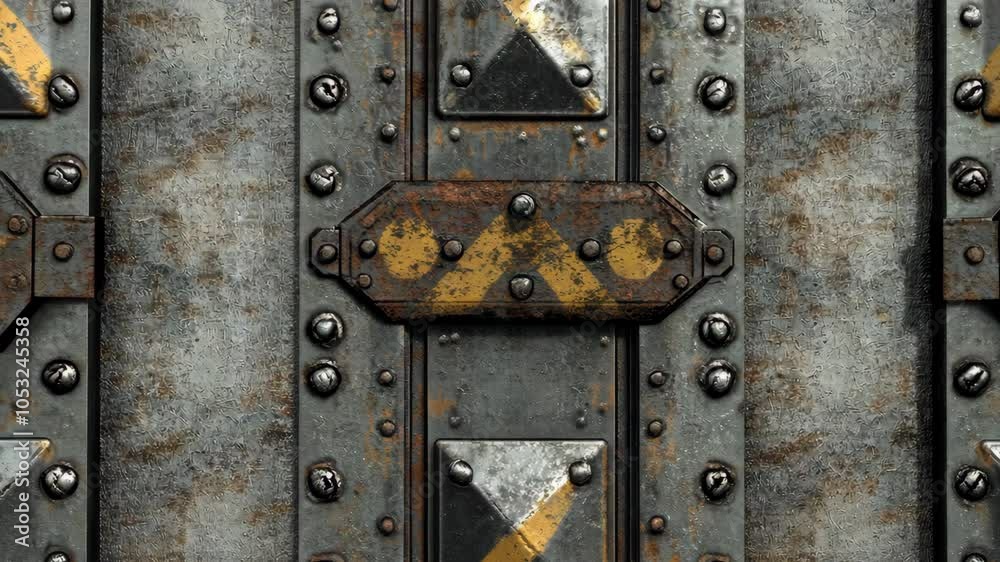 A close-up of a metal door with rivets, worn paint, and a latch A close-up of a metal door with rivets, worn paint, and a latch