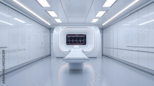 Futuristic X Ray Room with Glowing Holographic Displays of Medical Data Sleek Metallic Surfaces and Advanced Medical Technology Concept for the Future of Healthcare and Diagnostic Imaging