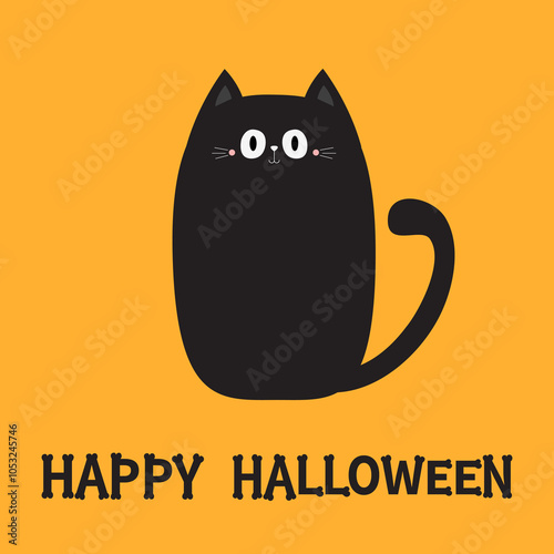 Happy Halloween. Cat sitting. Cute fat face head. Funny kitten. Black silhouette icon. Kawaii pet animal. Cartoon funny character. Childish style. Flat design. Yellow background. Isolated. Vector