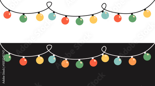 Glowing lightbulb garland. Christmas lights set line banner. Colorful string fairy light. Round shape. Cartoon holiday xmas decoration. Rainbow color. Flat design. Black White background. Vector