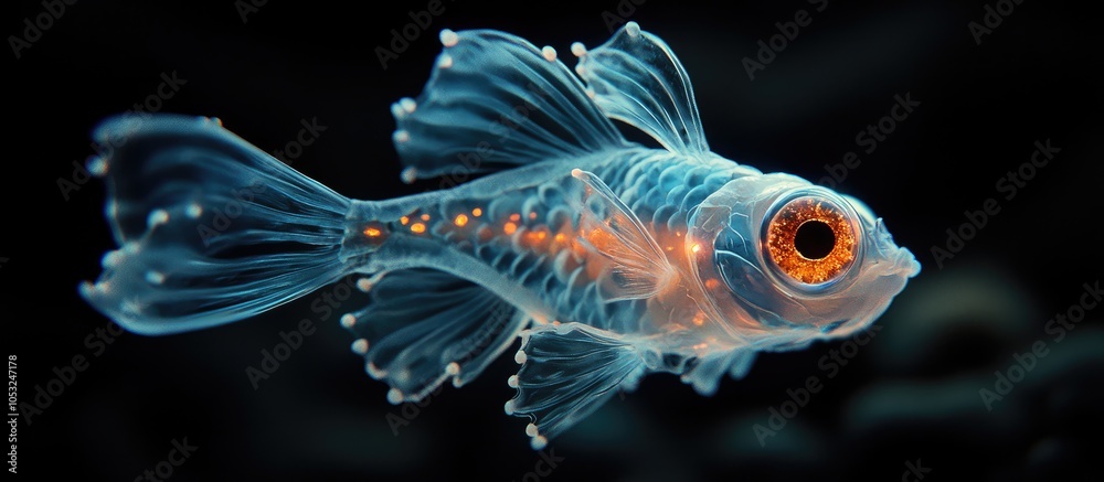 Fototapeta premium A translucent fish with glowing orange spots swims in a dark, aquatic environment.